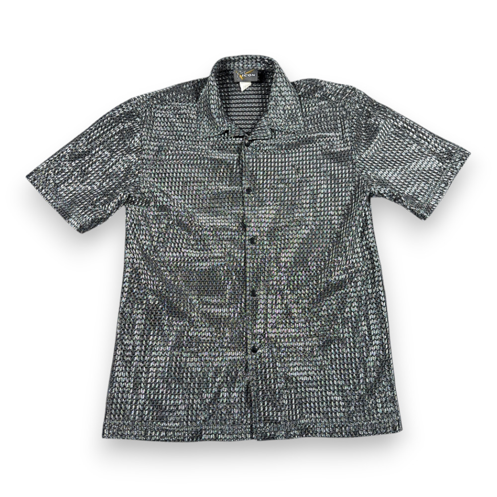 Vintage Pop Icon Shirt Adult MEDIUM Gray Silver Metallic Mesh Raver Club USA 90s